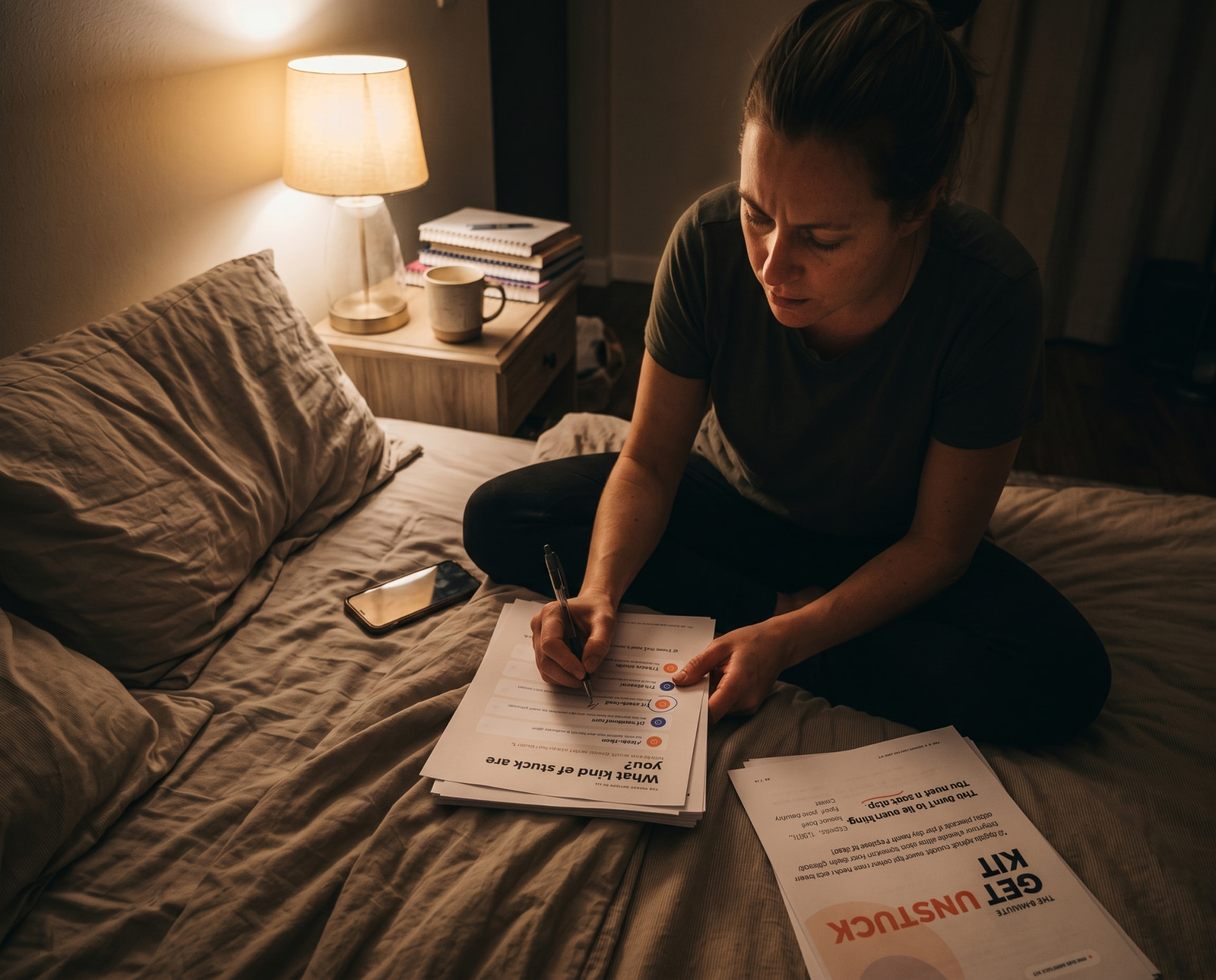 Woman using the Get Unstuck Kit worksheet while sitting in bed at night
