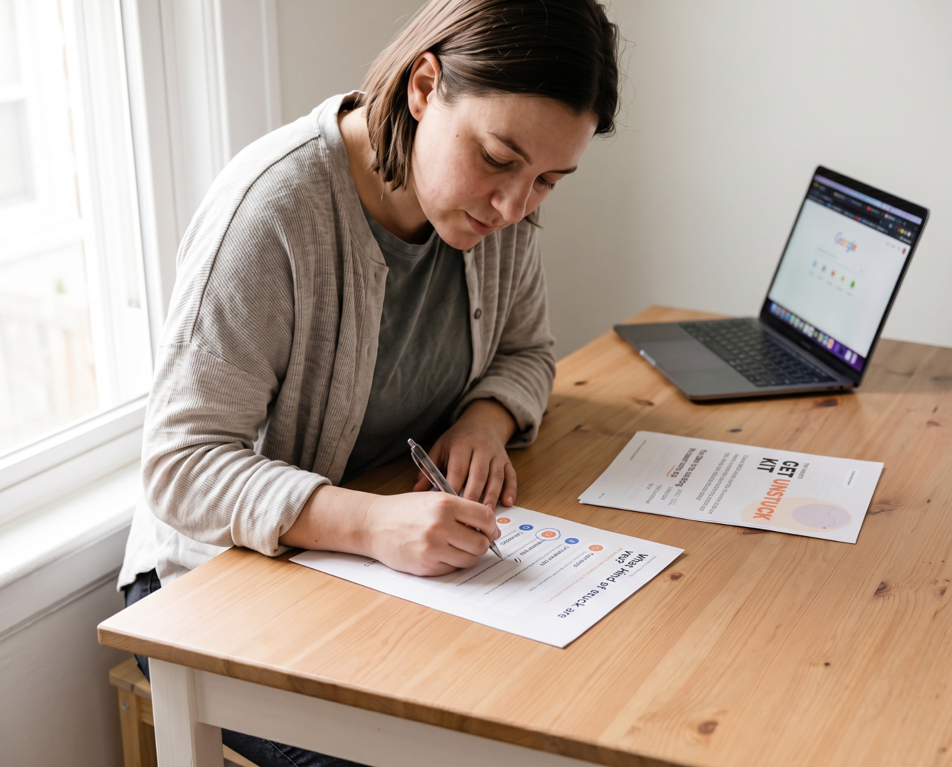 Woman using the Get Unstuck Kit worksheet at a wooden desk