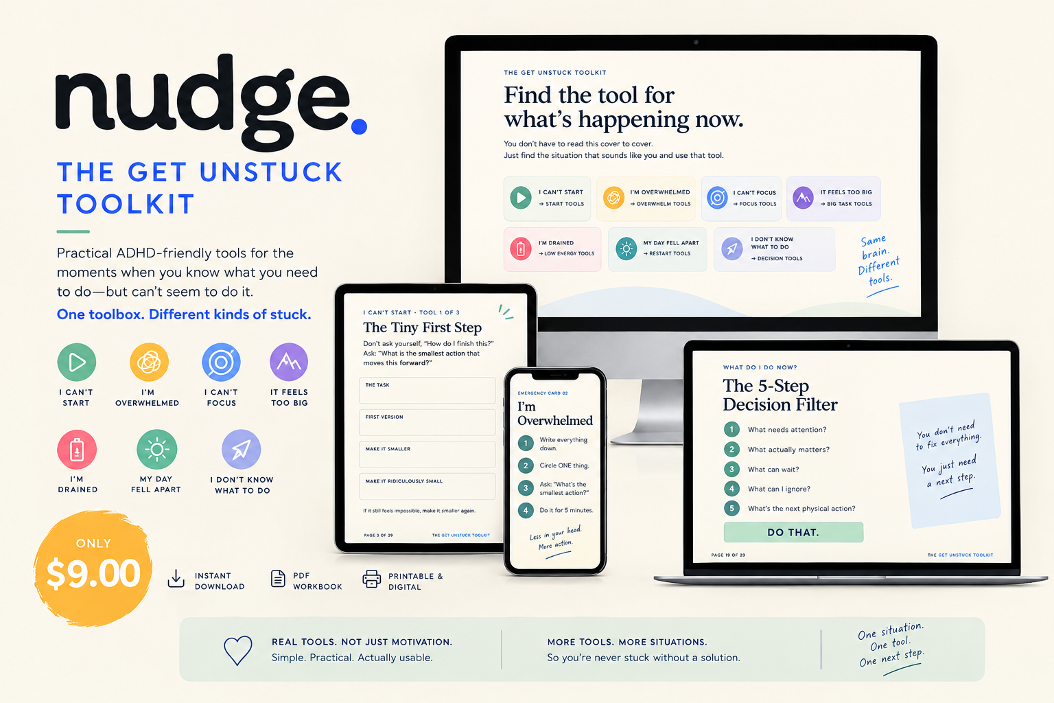 The Get Unstuck Toolkit shown on desktop, tablet, and phone screens